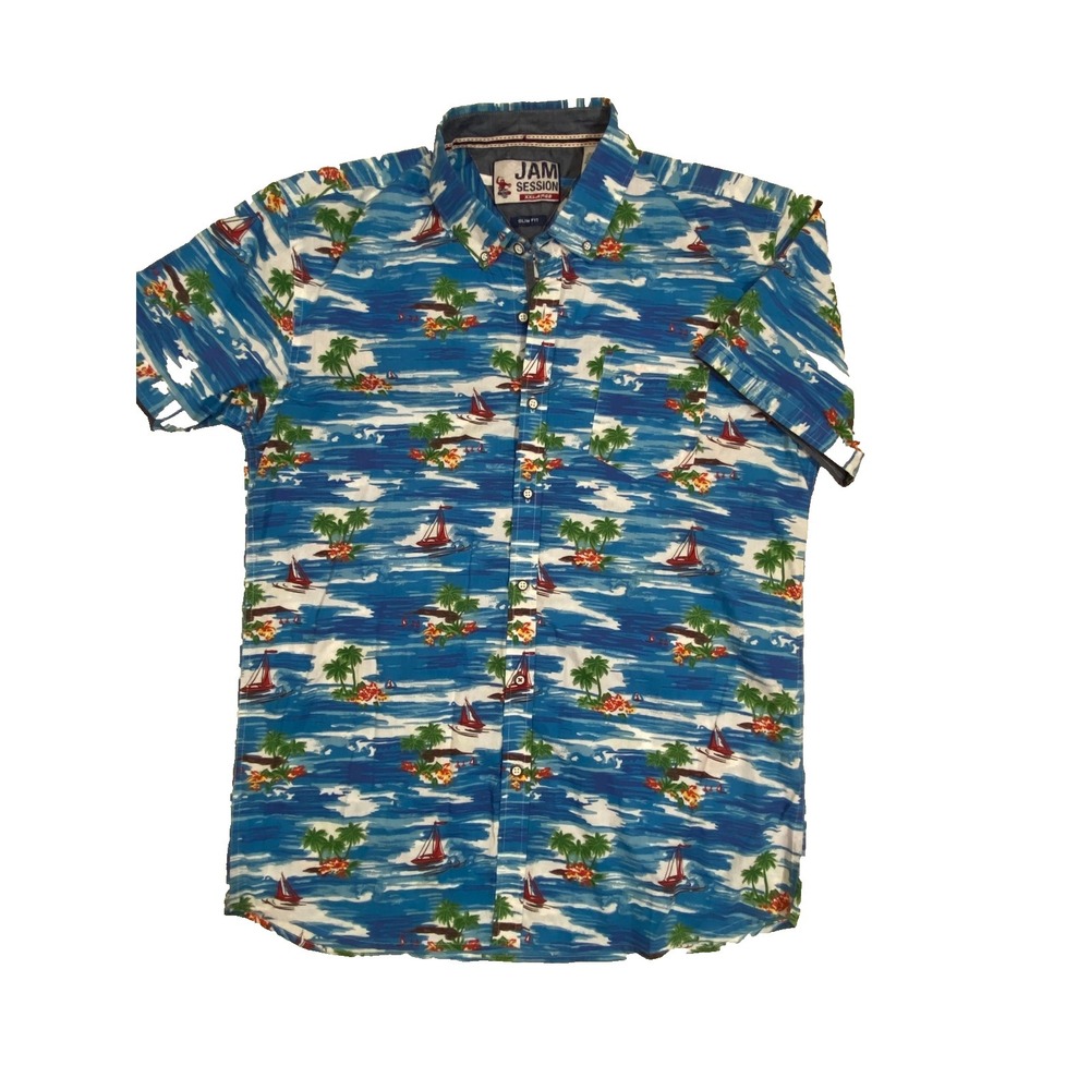 Jam Session Men's Hawaiian Shirt Sail Boat Island Button Down Slim Fit XXL‎